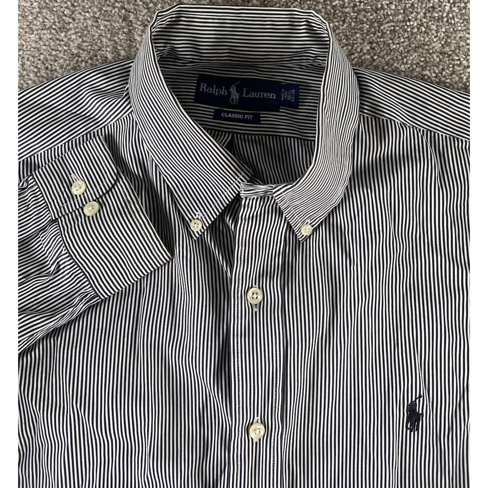 Polo Ralph Lauren Black Striped Shirt Cotton 16.5-34/35 Black Pony Preppy Men XL